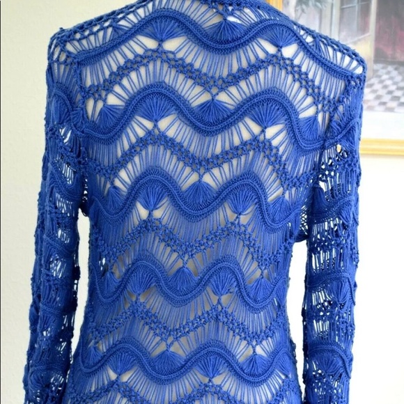 Chicos  Blue Open Knit 3/4 Sleeve Embellished V-Neck Pullover Sweater Sz… - Picture 2 of 10
